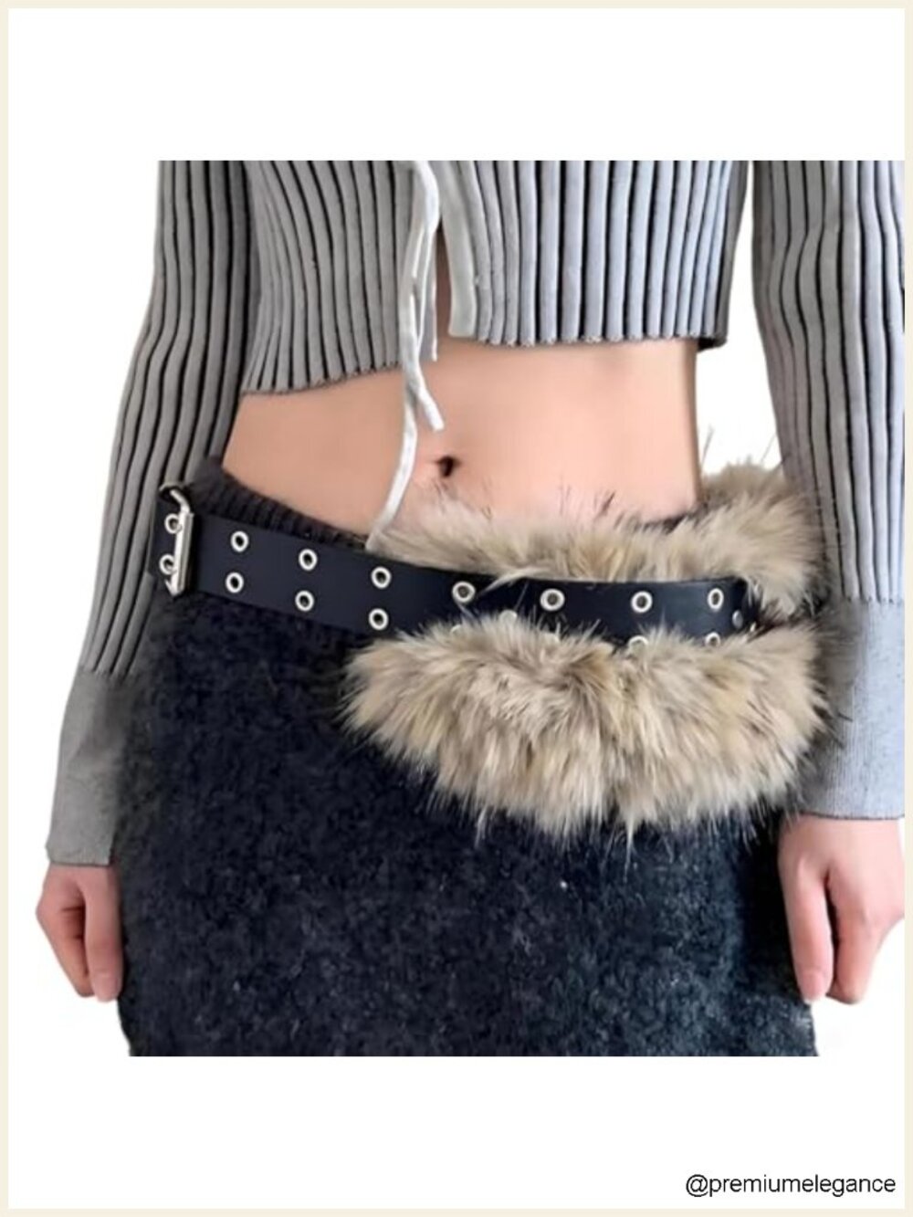 Faux Fur Fashion Belt with Chain Accent, Adjustable PU Leather Waist Belt